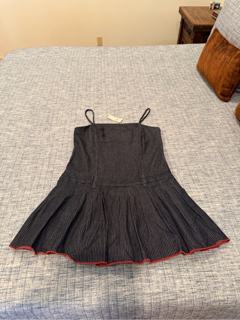 Anthropologie dark blue denim Pinstripe Spaghetti-Strap Mini Dress with Red Trim